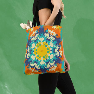 Tote Bag Hex Mandala bleu orange et jaune