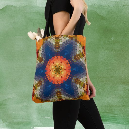 Tote Bag Hex Mandala bleu orange et rouge