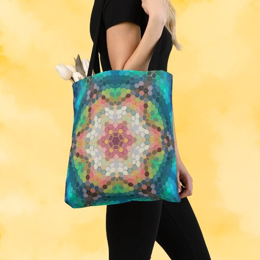 Tote Bag Hex Mandala bleu vert et rose