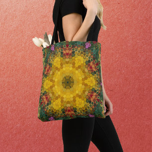 Tote Bag Hex Mandala jaune vert et orange