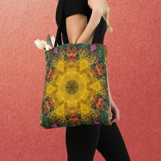 Tote Bag Hex Mandala jaune vert et orange