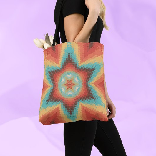 Tote Bag Hex Mandala orange bleu et jaune