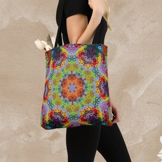 Tote Bag Hex Mandala vert rose et orange