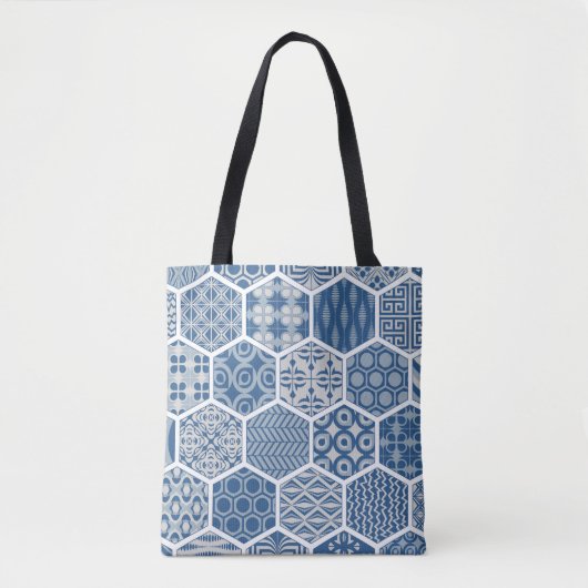 Tote Bag Hexagonal Motif Fourre-tout en bleu et gris (Devant)