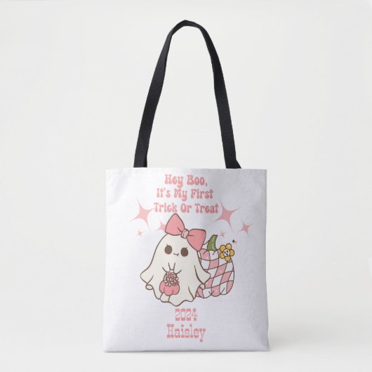 Tote Bag Hey Boo, C'est mon premier titre ou traitement per (Devant)