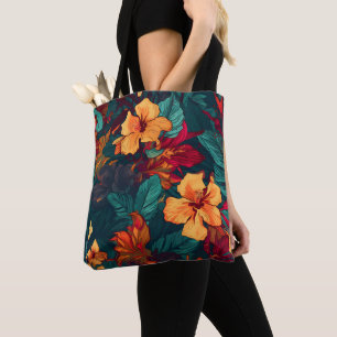 Tote Bag Hibiscus coloré, Jaune Orange Vert Floral