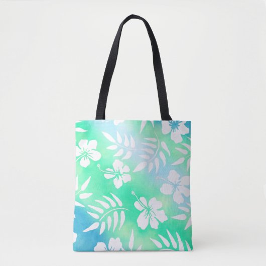 Tote Bag Hibiscus de style hawaïen vert et bleu Floral (Devant)