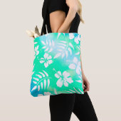Tote Bag Hibiscus de style hawaïen vert et bleu Floral (De près)