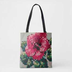 Tote Bag Hibiscus pixélisé avec fond menthe