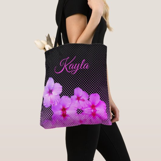 Tote Bag Hibiscus rose chaud sur À damiers noir et rose (De près)