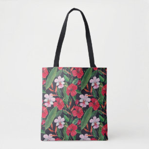 Tote Bag hibiscus rouge, orchidées, aquarelle tropicale.