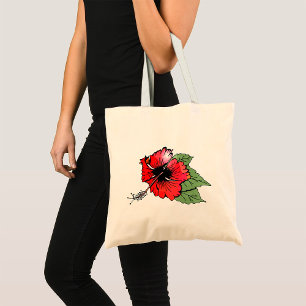 Tote Bag Hibiscus rouge tropical avec Feuilles verts