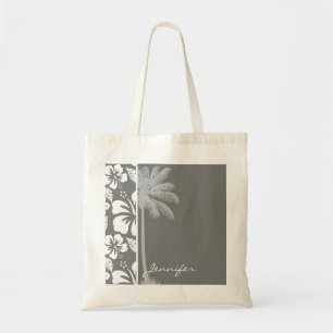 Tote Bag Hibiscus tropicaux gris hawaïen; Palme d'été