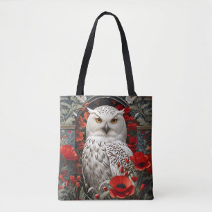 Tote Bag Hibou Blanc Fleurs de Pavot Rouge