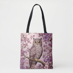 Tote Bag Hibou scops élégant floral pourpre