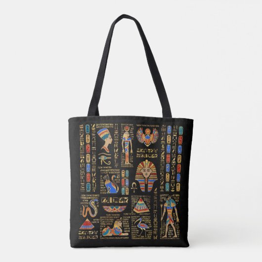 Tote Bag Hiéroglyphes et divinités égyptiens en noir (Dos)