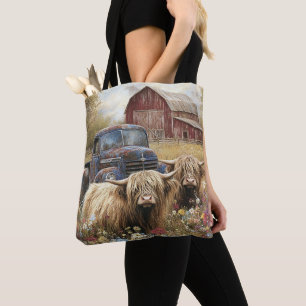 Tote Bag Highland Cow Calf Camion Vintage Rustic Red Barne
