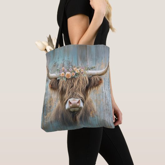 Tote Bag Highland Cow Floral Crown Rustique Élégante ferme (De près)