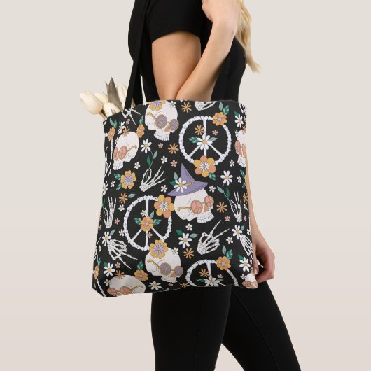 Tote Bag Hippie Halloween Skulls et Fleurs Motif (De près)