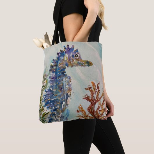 Tote Bag Hippocampe d'aquarelle Fourre-tout double face (De près)