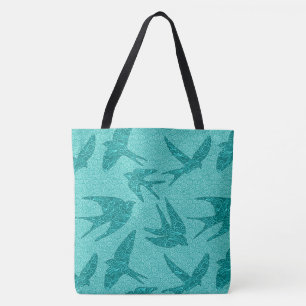 Tote Bag hirondelles japonaises en vol, Turquoise et Aqua