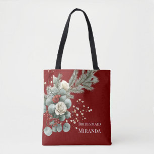 Tote Bag Hiver Floral Rouge Rose blanche Mariage Bridesmaid