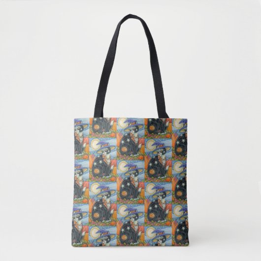 TOTE BAG HOCUS POCUS NOIR CAT WITCH & MOUSE HALLOWEEN (Devant)