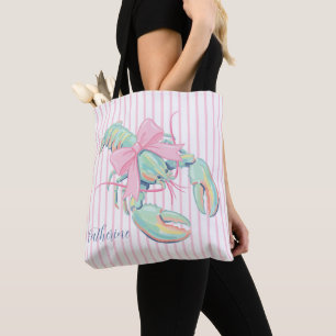 Tote Bag Homard à l'aquarelle pastel sur rayures preppy