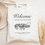 Tote Bag Homard de bienvenue de mariage de destination<br><div class="desc">Cet hôtel de mariage de destination ou sac de faveur présente une illustration vintage d'un homard sous le mot "bienvenue" dans un script élégant. Personnalisez-le avec votre emplacement mariage,  les noms de la mariée et du marié,  et la date du mariage.</div>