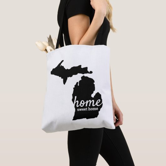 Tote Bag Home Sweet Home Typographie & Michigan Silhouette (De près)