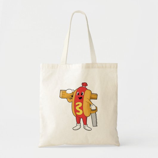 Tote Bag Hotdog as Carpenter with Saw & Wood (Devant)