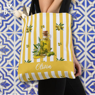 Tote Bag Huile d'olive personnalisée à rayures jaunes