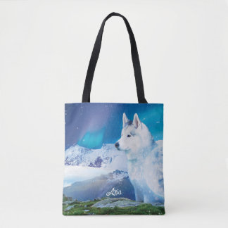 Tote Bag Husky personnalisé avec montagnes