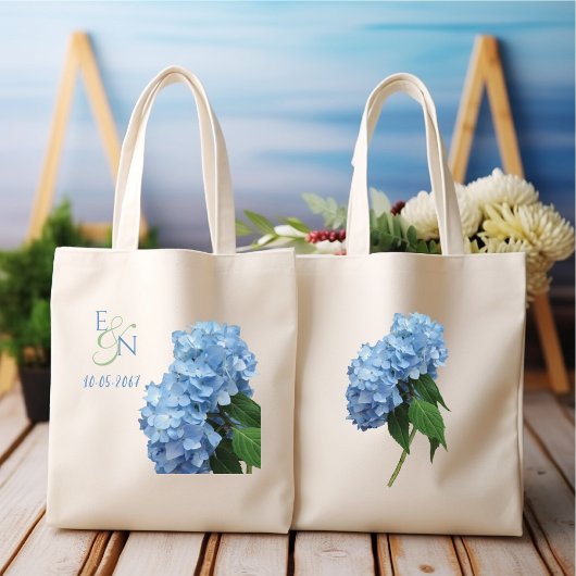 Tote Bag Hydrangeas Bleus Mariage Monogrammé