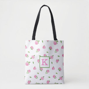 Tote Bag Hydrangeas Roses Encre Rose Monogramme