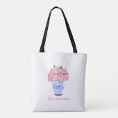 Tote Bag Hydrangée rose à l'aquarelle chinoiserie nom (Dos)