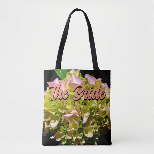 Tote Bag Hydrangée rose jaune vert, pour la mariée (Devant)