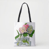 Tote Bag Hydrangées florales rose pâle bleu jaune vert (Devant)
