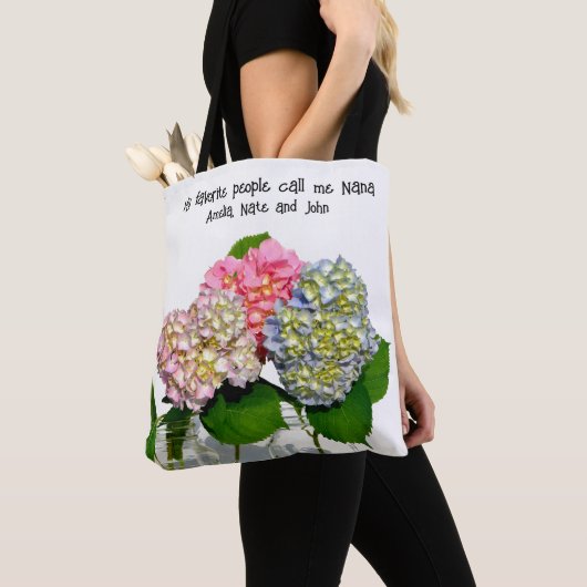 Tote Bag Hydrangées florales rose pâle bleu jaune vert (De près)