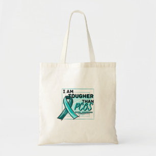 Tote Bag I AM TOUGHER THAN PCOS PCOS AWARENESS Teal Ribbon