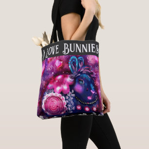 Tote Bag I Love Bunnies Whimsical Bunny Peinture Art Rose
