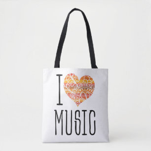 Tote Bag I Love Music Orange Jaune Mandala Heart