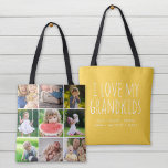 Tote Bag I Love My Grandkids 9 Photo Instagram Collage<br><div class="desc">Sac fourre-tout recto-verso personnalisé avec vos photos de famille et texte. Ajoutez 9 photos Instagram carrés d'un côté avec la citation "I Love My Grandkids" et les noms de vos petits-enfants ou autre texte personnalisé au verso. Utilisez les outils de conception pour choisir n'importe quelle couleur arrière - plan, ajouter...</div>