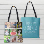 Tote Bag I Love My Grandkids 9 Photo Instagram Collage<br><div class="desc">Sac fourre-tout recto-verso personnalisé avec vos photos de famille et texte. Ajoutez 9 photos Instagram carrés d'un côté avec la citation "I Love My Grandkids" et les noms de vos petits-enfants ou autre texte personnalisé au verso. Utilisez les outils de conception pour choisir n'importe quelle couleur arrière - plan, ajouter...</div>