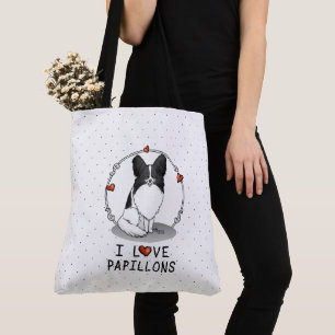 Tote Bag I Love Papillons (blanc & noir) Coeurs Chiens mign