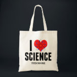 Tote Bag I Love Science Scientifique Personnalisé Modèle At<br><div class="desc">Mignonne I Love Science sac fourre-tout monogrammed avec votre nom. Dispose d'un modèle atome devant le coeur. Un cadeau geek parfait pour un professeur de sciences.</div>