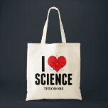 Tote Bag I Love Science Scientifique Personnalisé Modèle At<br><div class="desc">Mignonne I Love Science sac fourre-tout monogrammed avec votre nom. Dispose d'un modèle atome devant le coeur. Un cadeau geek parfait pour un professeur de sciences.</div>