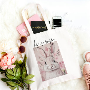 Tote Bag "Il est ressuscité" Lapin rose avec Fleur