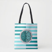 Tote Bag Île Celtic Blanc/noir/bande d'aqua, noeud circulai (Devant)