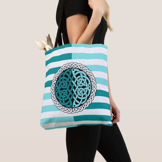 Tote Bag Île Celtic Blanc/noir/bande d'aqua, noeud circulai (De près)